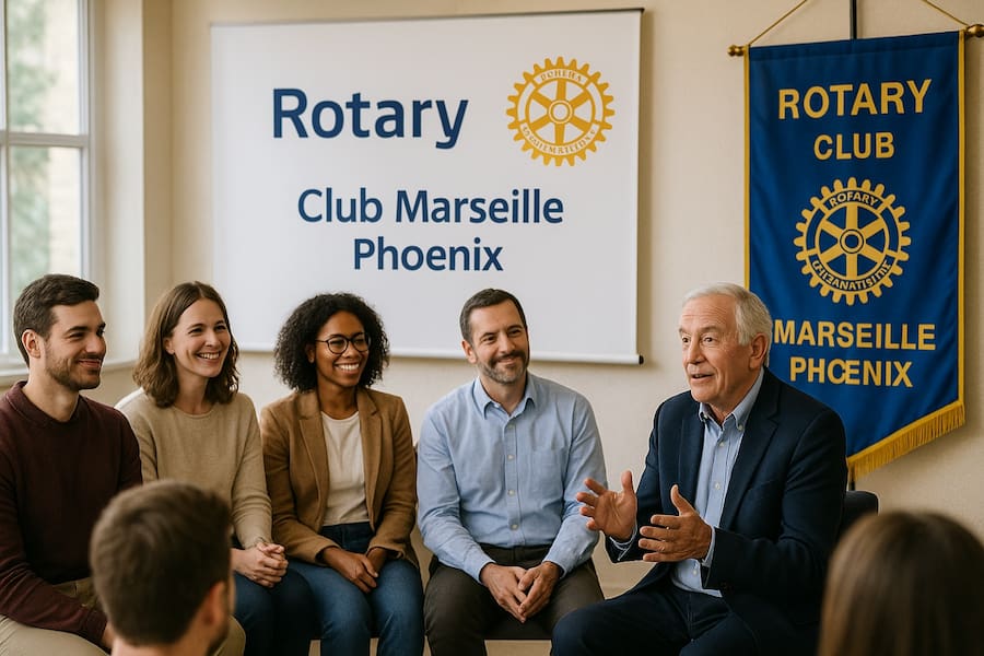 Membres Rotary Marseille Phoenix se réunissant autour d’une table